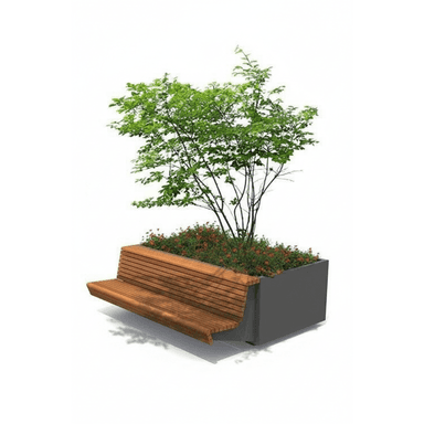 An integrated outdoor seating and planter unit featuring a slatted wooden bench cantilevered from a large, dark grey rectangular planter box. The planter contains a small tree and green ground cover plants with small red flowers. The design is clean, modern, and suitable for urban or contemporary outdoor spaces. — 3D model (AI enhanced source)