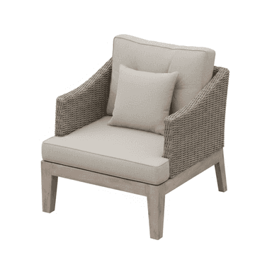 A contemporary outdoor armchair featuring a sturdy wooden frame and tightly woven synthetic rattan armrests and back. The chair is equipped with thick, plush seat and back cushions, along with an additional accent pillow, all upholstered in a light greige fabric. The wooden frame has a light, natural finish, complementing the greyish-brown tone of the woven elements. The overall design emphasizes comfort and durability, suitable for outdoor living spaces. — 3D model (AI enhanced source)