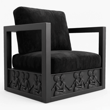 A contemporary armchair featuring a distinctive black velvet upholstery and a robust, geometric frame. The most striking element is the base, which is adorned with sculpted relief panels depicting multiple sets of embracing figures. The chair includes a plush backrest cushion and a seat cushion, both in matching black velvet, set within a dark, possibly black-painted wood or metal, rectangular frame that forms the arms and legs. — 3D model (AI enhanced source)