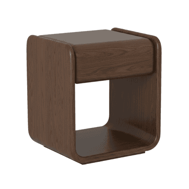 A modern, minimalist side table with a dark wood veneer finish, featuring seamless rounded edges and an open storage compartment. — 3D model (AI enhanced source)