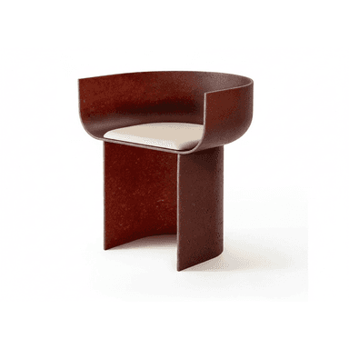 A modern sculptural accent chair featuring a distinctive curved backrest and integrated arms, crafted from a textured reddish-brown composite material. The chair has a minimalist, solid base and is fitted with a contrasting light-colored seat cushion. — 3D model (AI enhanced source)