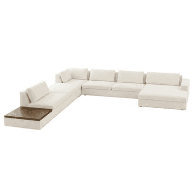 A contemporary, large modular sectional sofa upholstered in a light-colored fabric, featuring a deep chaise lounge and an integrated dark wood side table on one end. — 3D model (AI enhanced source)