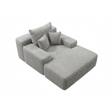 A modular sectional sofa with a low profile and a contemporary design. The sofa features a ribbed corduroy upholstery and includes multiple throw pillows. The chaise lounge section is integrated into the overall structure. — 3D model (AI enhanced source)