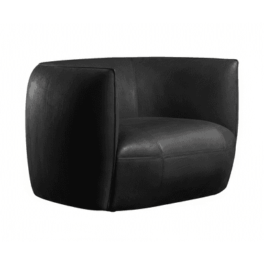 A contemporary barrel-shaped armchair upholstered in black leather, featuring a seamless design with integrated arms and a low profile. The chair exhibits a smooth, rounded silhouette and visible stitching details, suggesting quality craftsmanship. It is presented against a plain white background. — 3D model (AI enhanced source)