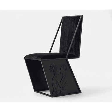 An avant-garde chair featuring a striking geometric, Z-shaped frame constructed from black metal. The seat and backrest are upholstered in plush black velvet, providing a stark textural contrast to the rigid frame. The lower portion of the chair's side incorporates a rectangular panel with an embossed relief depicting two figures in an embrace, rendered in the same matte black finish as the frame, adding a distinct artistic and narrative element. — 3D model (AI enhanced source)
