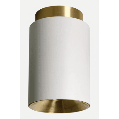 A modern cylindrical light fixture designed for semi-flush ceiling mounting, featuring a matte white exterior and a contrasting polished brass interior reflector and top trim. — 3D model (AI enhanced source)