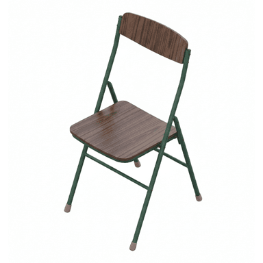 A folding chair with a dark green metal frame and a contoured seat and backrest featuring a dark wood grain finish. — 3D model (AI enhanced source)