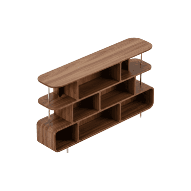 A contemporary low-profile bookshelf crafted from dark-toned walnut wood, featuring multiple open storage compartments with rounded edges. The unit is supported by slender metallic legs and uses similar metallic rods between its tiers, giving it a light, elevated appearance. Its design is modular, creating a visually interesting asymmetrical arrangement of storage spaces. — 3D model (AI enhanced source)