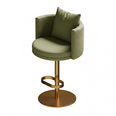 A modern swivel bar stool featuring a channel-tufted green upholstered seat and backrest, supported by a brass-finished pedestal base with a circular footrest and disc base. — 3D model (AI enhanced source)