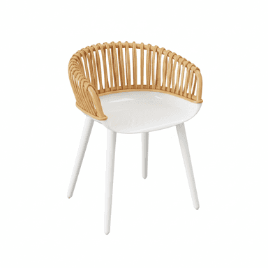 A modern accent chair featuring a curved, slatted rattan backrest and integrated armrests, a smooth white molded seat, and four splayed white legs. — 3D model (AI enhanced source)
