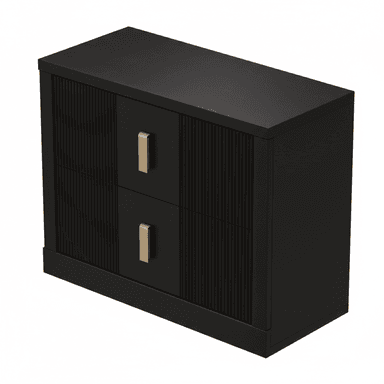 A contemporary matte black nightstand featuring a rectangular silhouette and vertically fluted front panels. It is equipped with two drawers, each adorned with a vertical strap-style handle in a brushed gold finish. The unit rests on a recessed plinth base. — 3D model (AI enhanced source)