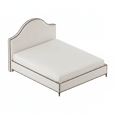 A fully upholstered bed frame with a curved, scalloped headboard. The headboard and the side rails are outlined with dark decorative nailhead trim. The bed is presented with a white fitted sheet covering the mattress, on a white background. The bed frame has four short, dark legs. — 3D model (AI enhanced source)