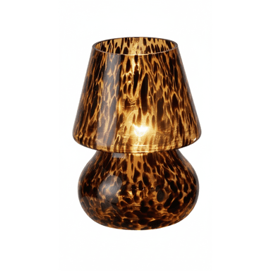 A mushroom-shaped table lamp featuring a two-part glass construction with a distinctive amber and brown tortoiseshell pattern. The base is rounded and bulbous, while the upper portion forms a conical shade, both made from translucent patterned glass, allowing light to diffuse warmly. — 3D model (AI enhanced source)