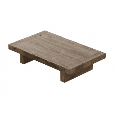 A rectangular, low-profile table constructed from reclaimed or distressed wood, featuring a thick, plank-style top and two sturdy, short support beams functioning as legs. The wood exhibits a natural, weathered grey-brown tone with visible grain and imperfections, contributing to a rustic aesthetic. — 3D model (AI enhanced source)