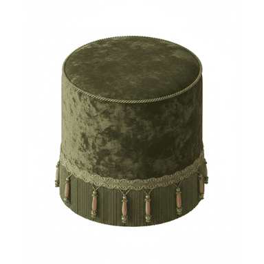 A cylindrical ottoman upholstered in a green velvet fabric. It features a decorative trim around the top edge and a prominent fringe with wooden bead accents at the base. — 3D model (AI enhanced source)