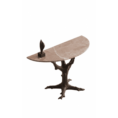 A sophisticated demilune (half-round) console table featuring a polished pink marble top with natural veining. The table is supported by a highly sculptural base crafted from dark bronze-toned metal, designed to resemble intertwining tree branches and roots. A small, dark abstract sculpture is placed on the tabletop. — 3D model (AI enhanced source)