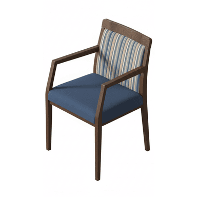 A contemporary armchair featuring a dark wood frame and upholstered seat and back. The seat cushion is upholstered in a solid blue fabric, while the backrest features a vertical stripe pattern in shades of blue, beige, and white. The chair has straight legs and arms, suggesting a sturdy and functional design suitable for various settings. — 3D model (AI enhanced source)
