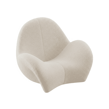 A contemporary lounge chair with a fluid, sculptural form, fully upholstered in an off-white bouclé fabric. The chair features a continuous, curvilinear silhouette that integrates the seat, backrest, and base into a single, organic shape, designed for comfort and aesthetic appeal. — 3D model (AI enhanced source)