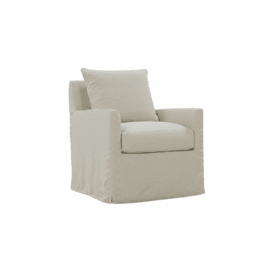 An upholstered armchair featuring a full, floor-length skirted base and a neutral-toned fabric. It has a loose back cushion and a removable seat cushion. — 3D model (AI enhanced source)