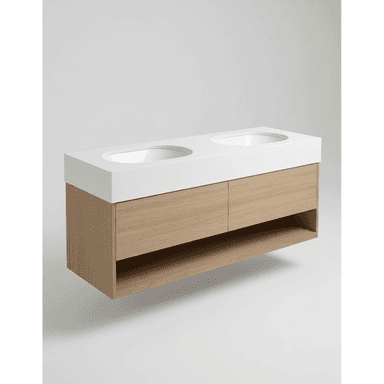 A modern, wall-mounted double bathroom vanity unit featuring a seamless white composite countertop with two integrated oval-shaped sinks. The base cabinet is constructed from light wood-grain material, containing two handleless drawers directly beneath the countertop and an open storage shelf at the bottom, contributing to its sleek and minimalist design. — 3D model (AI enhanced source)