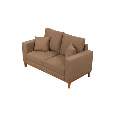 A contemporary loveseat featuring a neutral-toned fabric upholstery. It has two seat cushions, two loose back cushions, and one accent pillow. The design incorporates square track arms, a visible wooden trim along the base, and four tapered wooden legs. — 3D model (AI enhanced source)