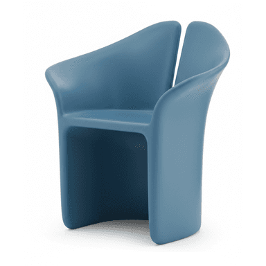 A modern, single-piece molded armchair in a matte blue finish. The chair features a continuous, ergonomic form with integrated armrests that flow seamlessly into the backrest. The backrest has a distinctive split or curved opening at the top, adding to its sculptural quality. The design is fluid and contemporary, suggesting it's made from a durable plastic or composite material. — 3D model (AI enhanced source)