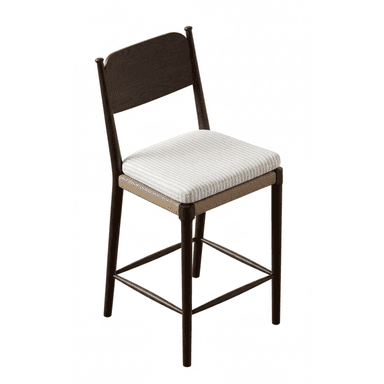 A contemporary bar stool featuring a dark wood frame, a woven rope seat base, and a removable upholstered cushion with a light stripe pattern. It includes a contoured wooden backrest and four tapered legs with integrated footrest rungs. — 3D model (AI enhanced source)