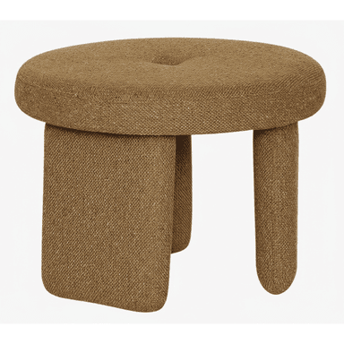 A small, round, fabric upholstered ottoman featuring a single button tuft on its top surface. It is supported by three short, thick, and rounded legs, all covered in a textured, woven brownish-gold fabric. — 3D model (AI enhanced source)