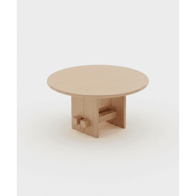A low, round table crafted from light-colored wood, featuring a thick circular top supported by a sturdy, block-like base with visible, protruding joinery elements, suggesting a minimalist and craft-inspired design. — 3D model (AI enhanced source)