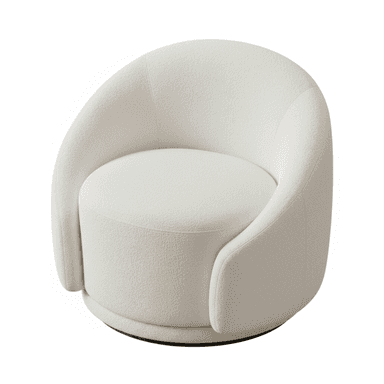 A modern, rounded accent chair featuring a swivel base and upholstered in a cream-colored bouclé fabric. The chair has a compact, circular form with a deep seat and integrated, wide armrests that flow seamlessly into the high backrest, creating a continuous, enveloping silhouette. The textured fabric adds a soft, inviting aesthetic, while the hidden swivel mechanism allows for dynamic positioning. The design emphasizes comfort and contemporary style, suitable for various interior settings. — 3D model (AI enhanced source)