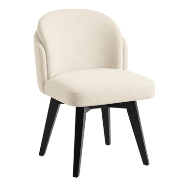 A contemporary upholstered swivel chair featuring a rounded backrest that seamlessly integrates into short, curved armrests. The seat is plush and rectangular with softened corners. It rests on a four-legged base made of dark, splayed, and tapered legs, with a visible swivel mechanism connecting the seat to the base. The chair is upholstered in a light, cream-colored, textured fabric. — 3D model (AI enhanced source)