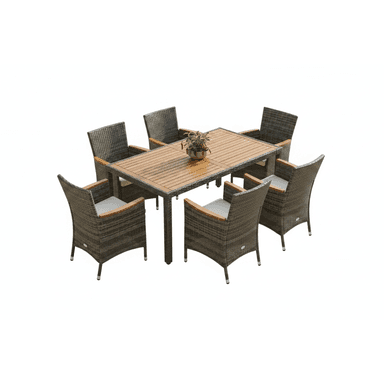 A six-seater outdoor dining set consisting of one rectangular table and six chairs. The table has a slatted wooden top and dark legs. The chairs feature a woven rattan-like exterior, wooden armrests, and light gray seat cushions. A small potted plant is centered on the table. — 3D model (AI enhanced source)
