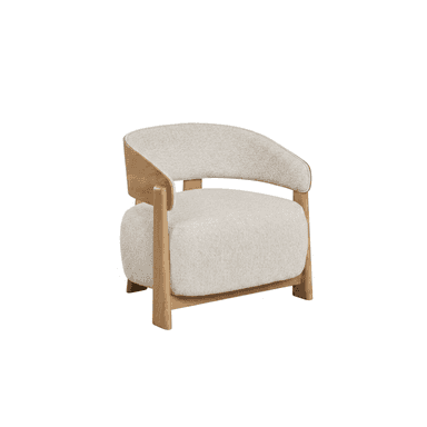 A modern lounge armchair featuring a curved wooden frame that supports a generously upholstered seat and backrest. The frame is made of a light-toned wood, possibly oak, with visible grain. The upholstery is a light beige or cream-colored textured fabric, providing a soft contrast to the wooden elements. The design emphasizes clean lines and organic curves. — 3D model (AI enhanced source)