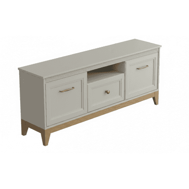 A transitional style media console or TV stand featuring a light gray painted finish, paneled doors, a central open shelf, a drawer, and a contrasting natural wood base with splayed legs. — 3D model (AI enhanced source)