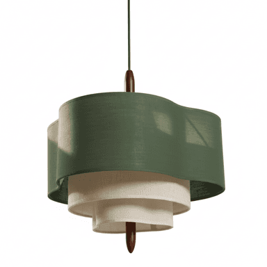 A multi-tiered pendant light featuring an undulating green fabric top shade and two cream-colored fabric shades beneath. It is suspended by a black cord with wooden finials at the top and bottom of the shade assembly. — 3D model (AI enhanced source)