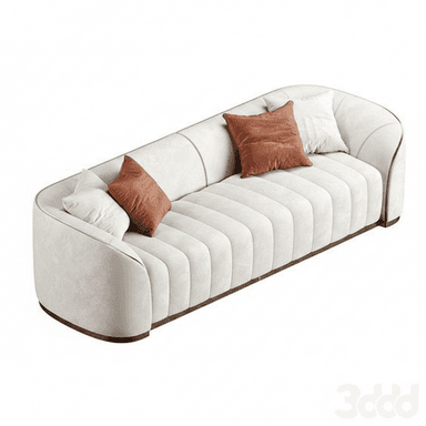 A modern, cream-colored sofa featuring channel tufting on the backrest and seat, rounded armrests, and a recessed wooden base. It is adorned with subtle metallic trim details and includes two rust-colored and two cream decorative pillows. — 3D model (AI enhanced source)