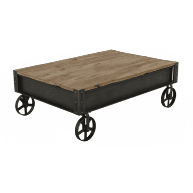 A rectangular coffee table featuring a rustic wooden top and a dark metal frame, supported by decorative industrial-style wheels. — 3D model (AI enhanced source)