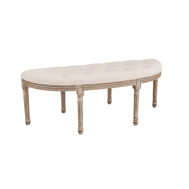 A semicircular upholstered bench with deep button tufting on the seat and a distressed wooden frame. The fabric is a light, neutral color, and the wooden legs feature carved details, including fluting. — 3D model (AI enhanced source)
