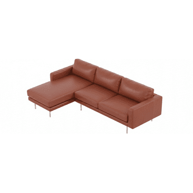 An L-shaped sectional sofa upholstered in a warm cognac brown leather, featuring clean lines and a modern aesthetic. It includes a spacious chaise lounge component and rests on slender, cylindrical metal legs. — 3D model (AI enhanced source)