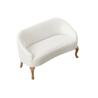 A small, white upholstered settee or loveseat featuring a continuous curved backrest and armrests, supported by four ornately carved wooden cabriole legs in a French Provincial style. — 3D model (AI enhanced source)