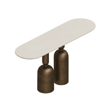 An elongated console table with a light, oblong top and two substantial, sculptural bases in an aged bronze finish. — 3D model (AI enhanced source)
