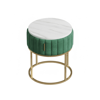 A round side table featuring a white marble top, a channel-tufted emerald green velvet body with a pull handle, and a gold-finished metal open-frame base. — 3D model (AI enhanced source)