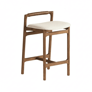 A contemporary bar stool featuring a solid wood frame with a dark brown finish. It has four slightly splayed legs connected by an integrated footrest. The seat is round and generously cushioned, upholstered in a light cream or off-white textured fabric. A low backrest, formed by a curved wooden rail, is distinctly wrapped in tan leather cording, providing both a visual detail and a handle-like support. — 3D model (AI enhanced source)