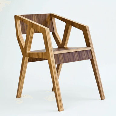 A modern armchair constructed from layered plywood with a rich wood veneer. It features a distinctive geometric open-frame design for the backrest and integrated armrests, with angular cut-outs and visible plywood edge banding. The seat and lower back panel are solid, flat sections. The chair is supported by four subtly tapered, square-profile legs. — 3D model (AI enhanced source)