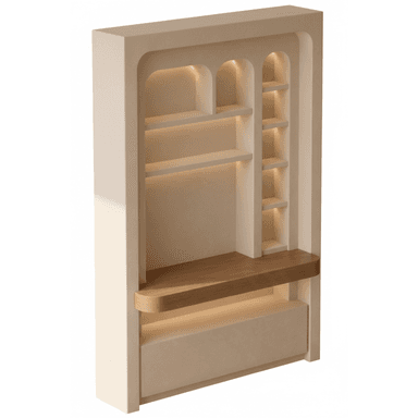 A contemporary wall-mounted unit featuring an integrated desk surface, multiple open shelves, and subtle recessed lighting. The unit is primarily finished in a light cream or beige color, complemented by a natural light wood desktop. Some of the shelving compartments feature arched tops, adding a design accent. A lower, enclosed storage section is situated beneath the desk. — 3D model (AI enhanced source)