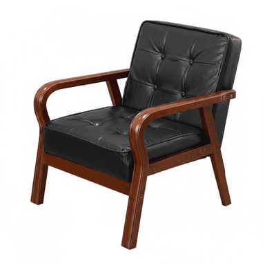 A stylish armchair featuring a prominent dark wooden frame and black upholstered cushions. The back and seat cushions are button-tufted, providing a classic look. The armrests are smoothly curved wood, and the legs are straight, giving it a mid-century or retro aesthetic. — 3D model (AI enhanced source)