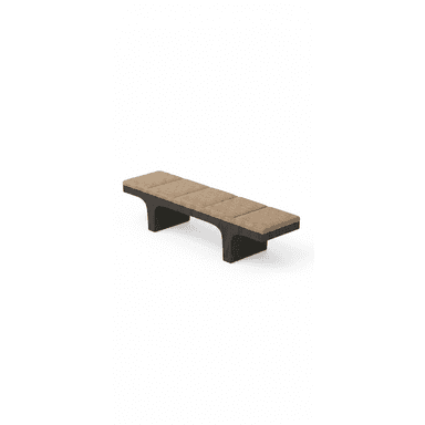 A modern bench featuring a long, rectangular seat composed of four distinct upholstered segments, supported by a minimalist, dark-finished base. The base has a unique cantilevered design with two sturdy, inverted U-shaped supports, creating a visually light appearance. — 3D model (AI enhanced source)
