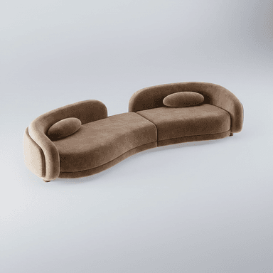 A modular sofa with a distinctive curved silhouette. The sofa is upholstered in a soft, textured fabric and features rounded armrests and backrests. It appears to be composed of two connected sections, creating an S-shaped seating arrangement. Two oval-shaped accent pillows are placed on the seating surface. The base of the sofa is low-profile, with small, rounded legs visible at the front. — 3D model (AI enhanced source)