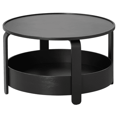 A round, black coffee table featuring a minimalist design with an integrated lower storage shelf. The table is constructed with a circular top and a matching circular shelf beneath, supported by curved, bentwood-style legs that are uniform in color with the rest of the table. The finish is a matte black, suggesting painted wood or laminated material, giving it a sleek and contemporary appearance. — 3D model (AI enhanced source)