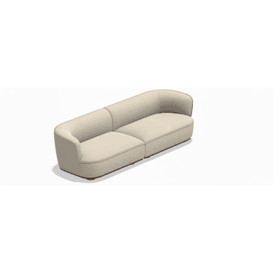 A contemporary loveseat featuring a sleek, low-profile design with continuous rounded arms and backrest, upholstered in a light cream fabric or leather. It has two distinct seat cushions and a recessed dark wooden base. — 3D model (AI enhanced source)